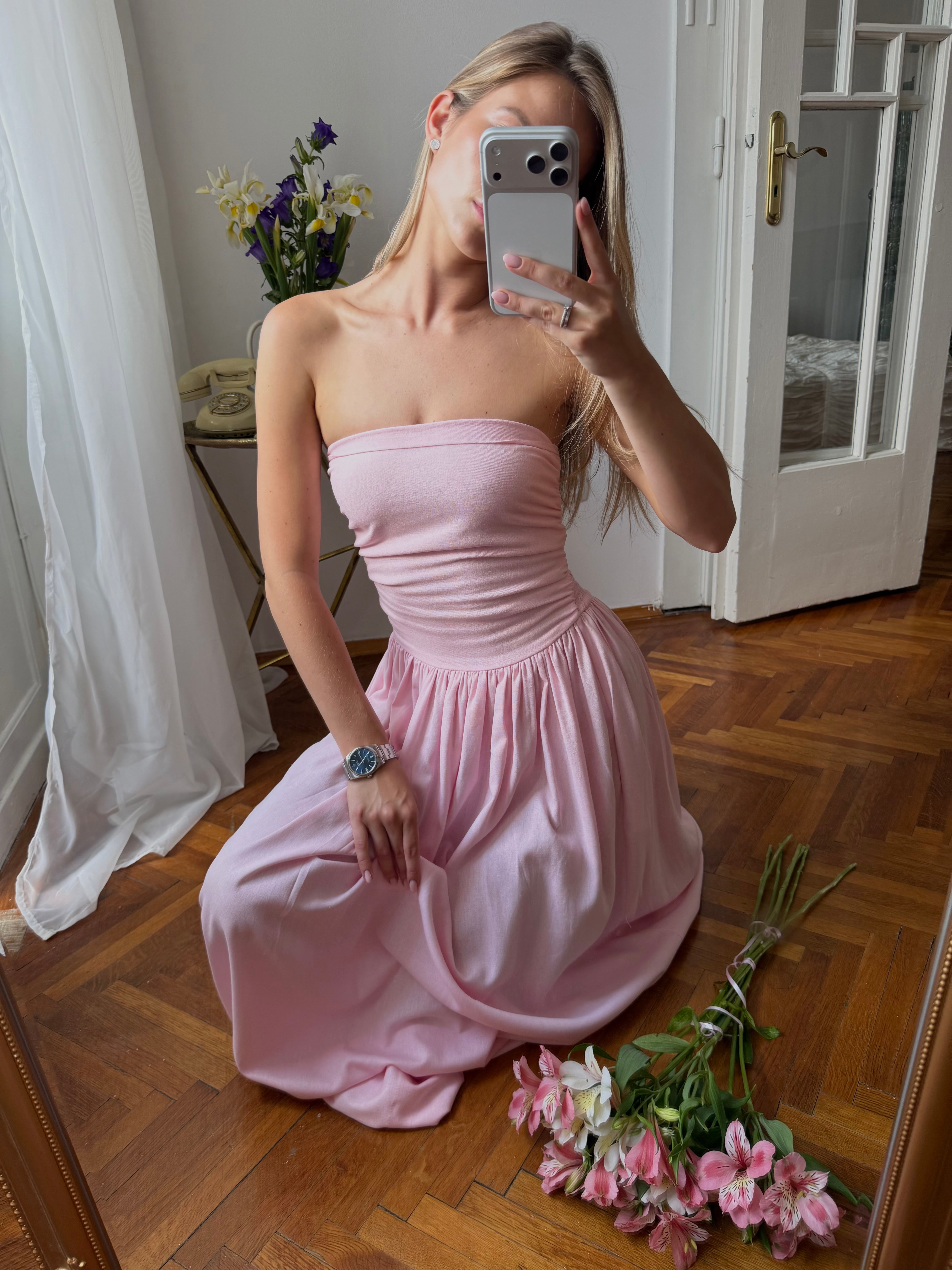 Лляна сукня-бандо в рожеовму кольрі
